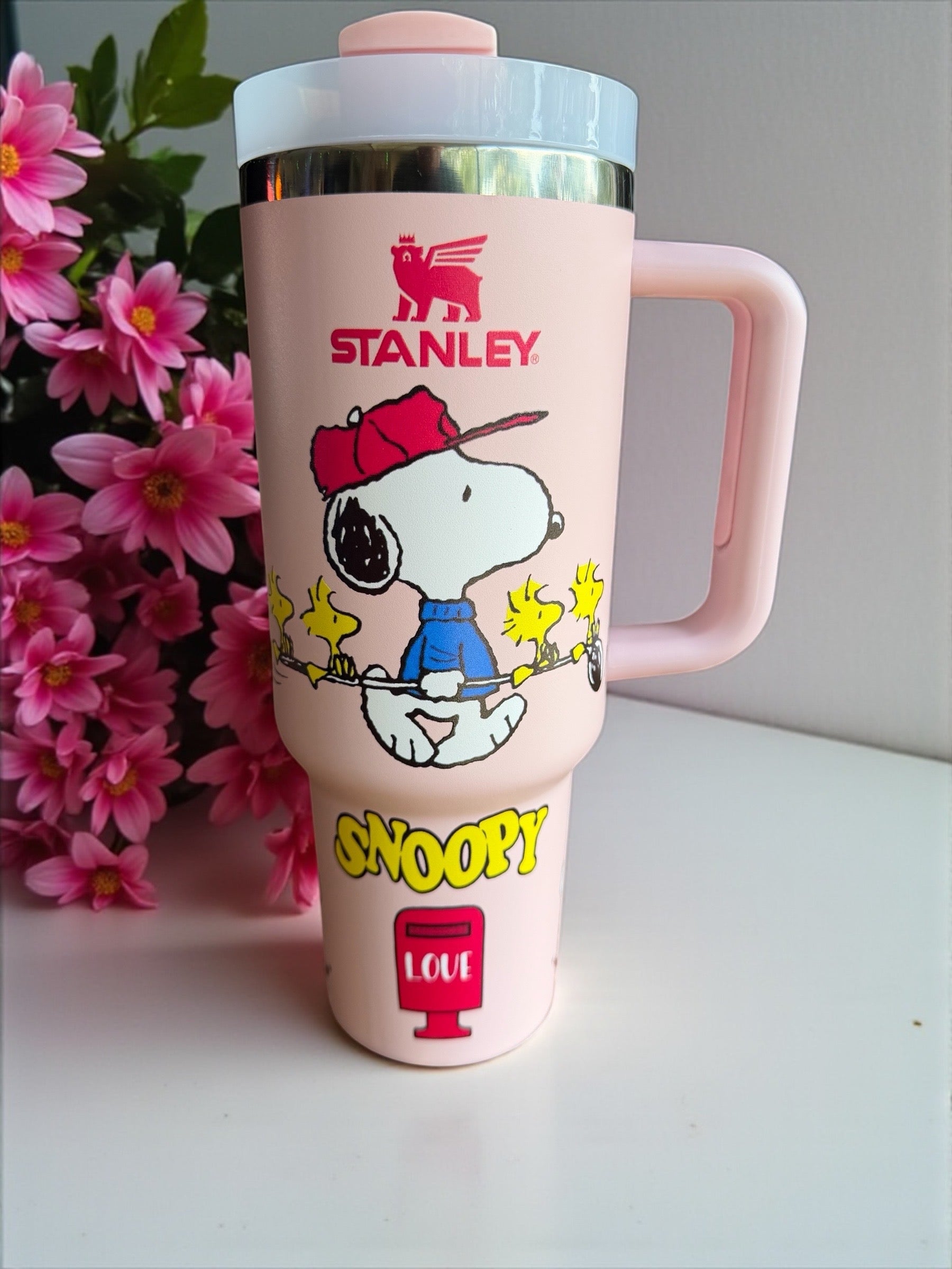 Pink Snoopy Love Tumbler | 40oz Stanley Style Cup with Handle