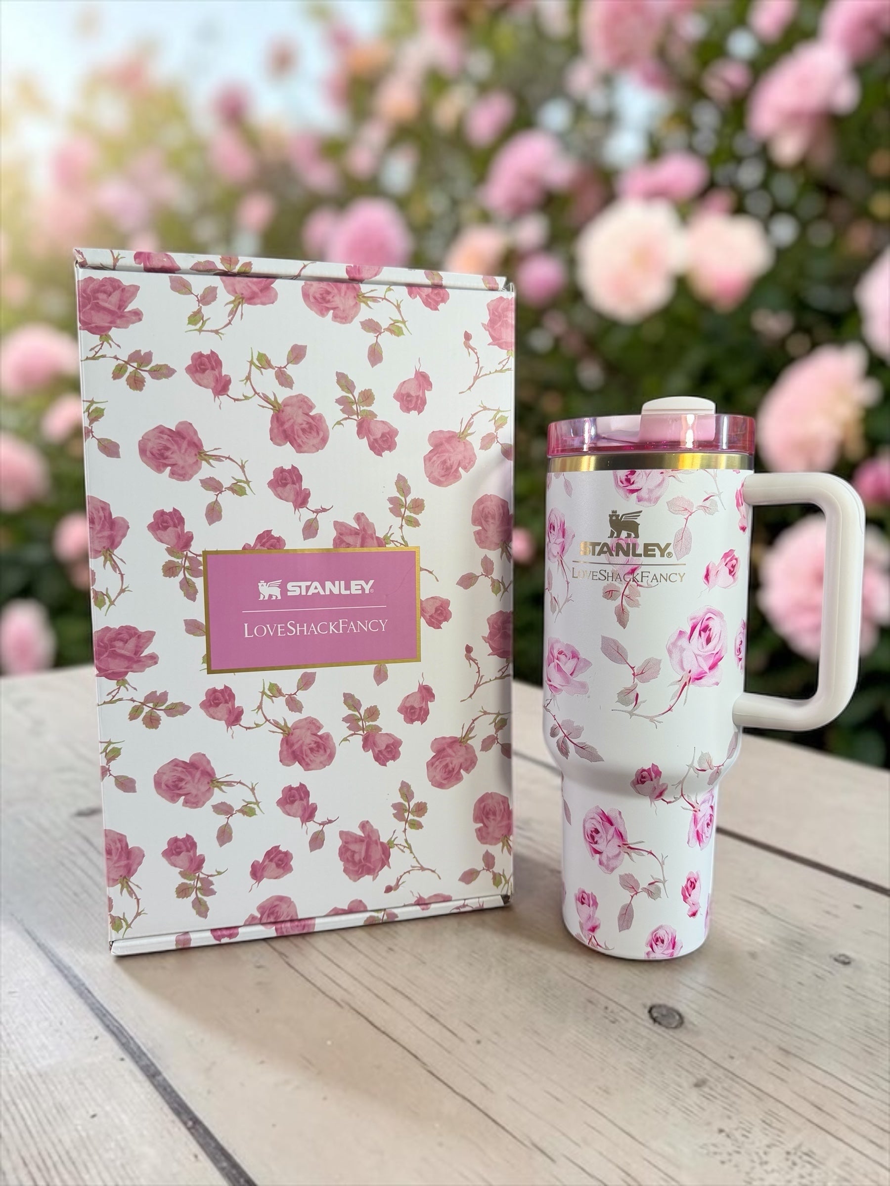 Stanley x LoveShackFancy White Floral Tumbler with Handle | 40oz Stanley Style Cup with Handle