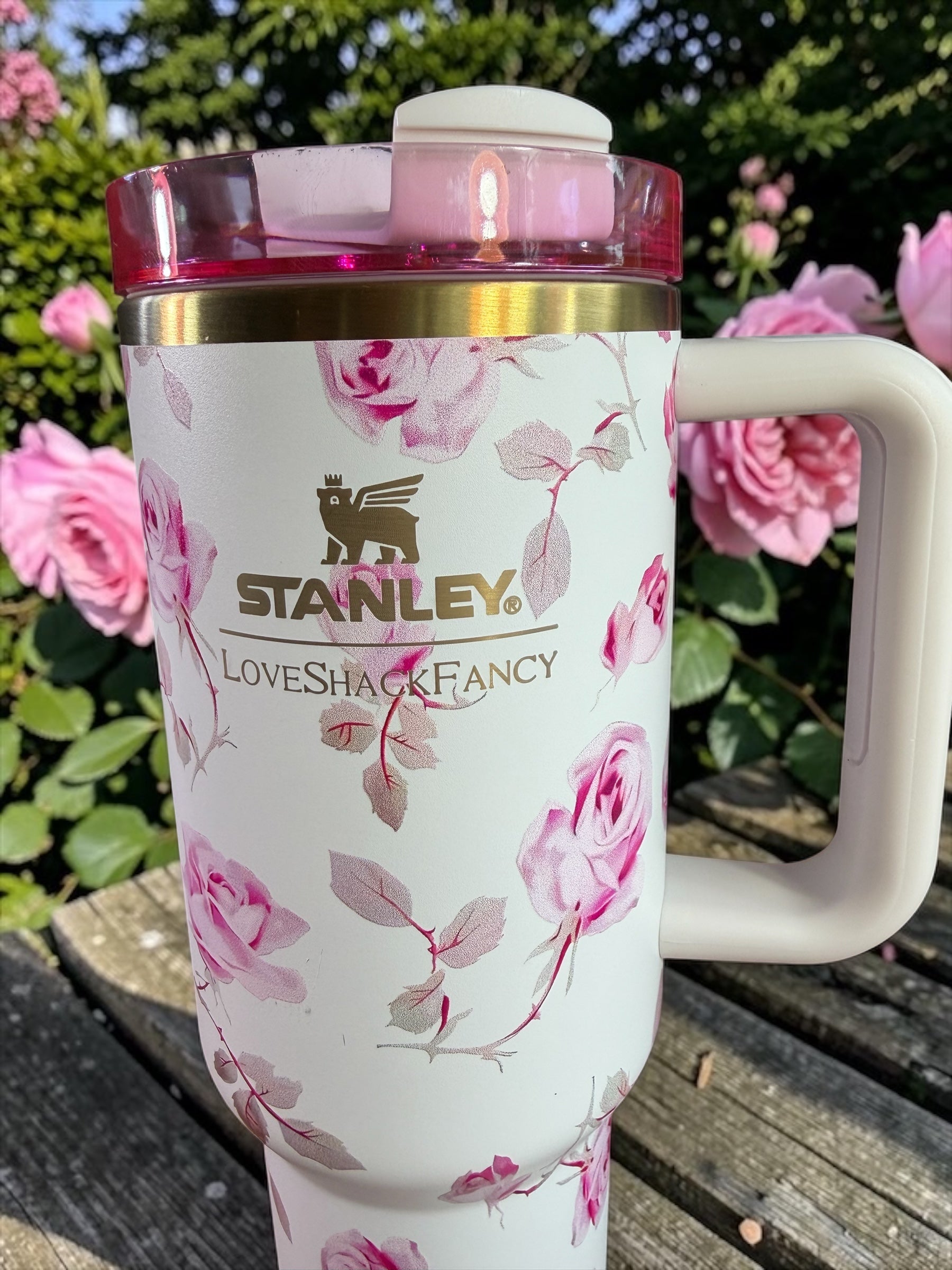 Stanley x LoveShackFancy White Floral Tumbler with Handle | 40oz Stanley Style Cup with Handle