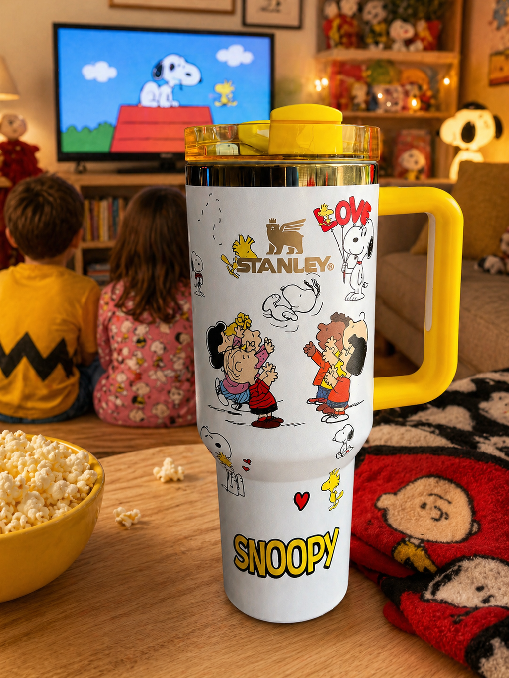 Snoopy / Peanuts-inspired 40oz tumbler gift set with matching illustrated box, yellow handle/lid, collector's edition, top seller
