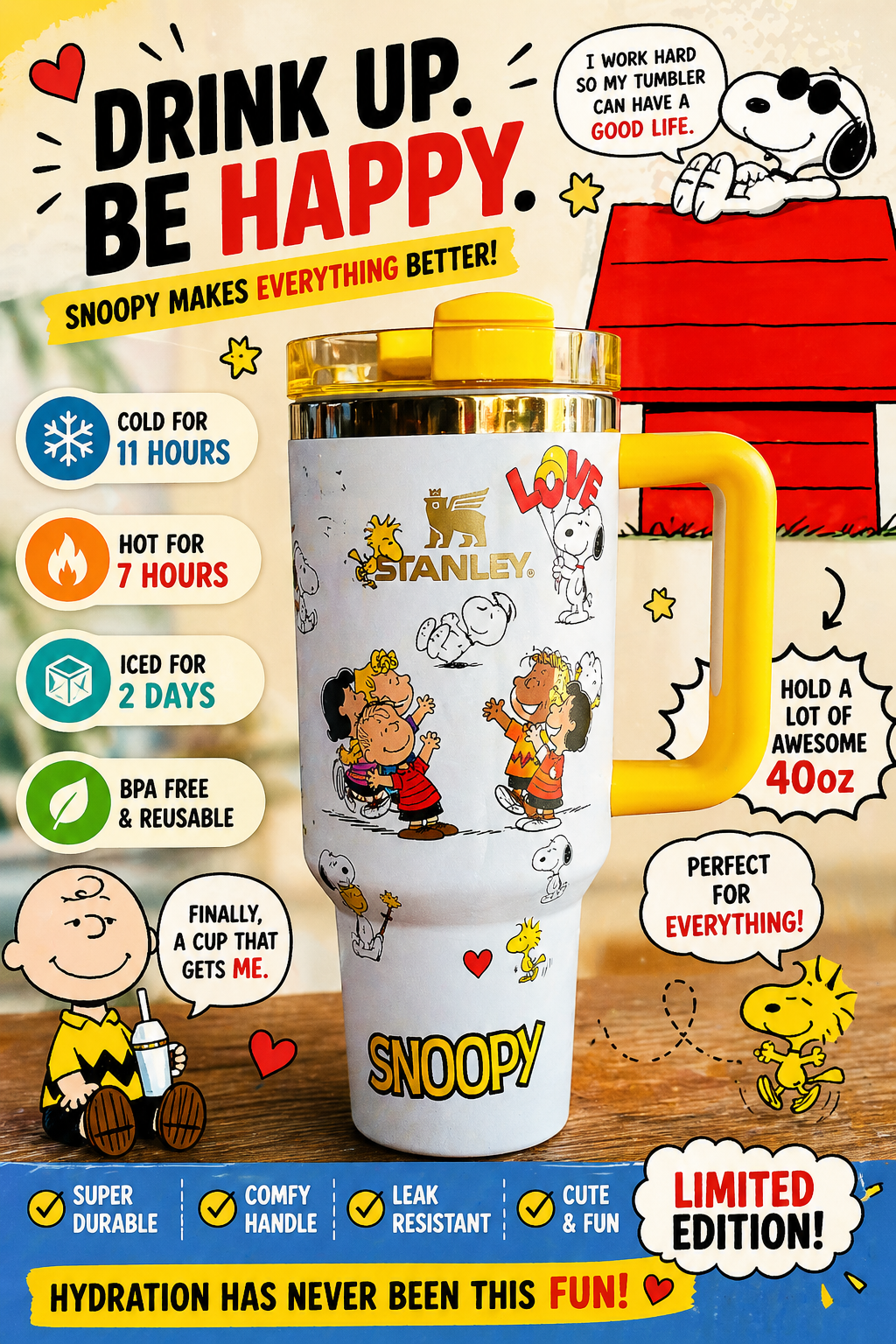 Snoopy / Peanuts-inspired 40oz tumbler gift set with matching illustrated box, yellow handle/lid, collector's edition, top seller