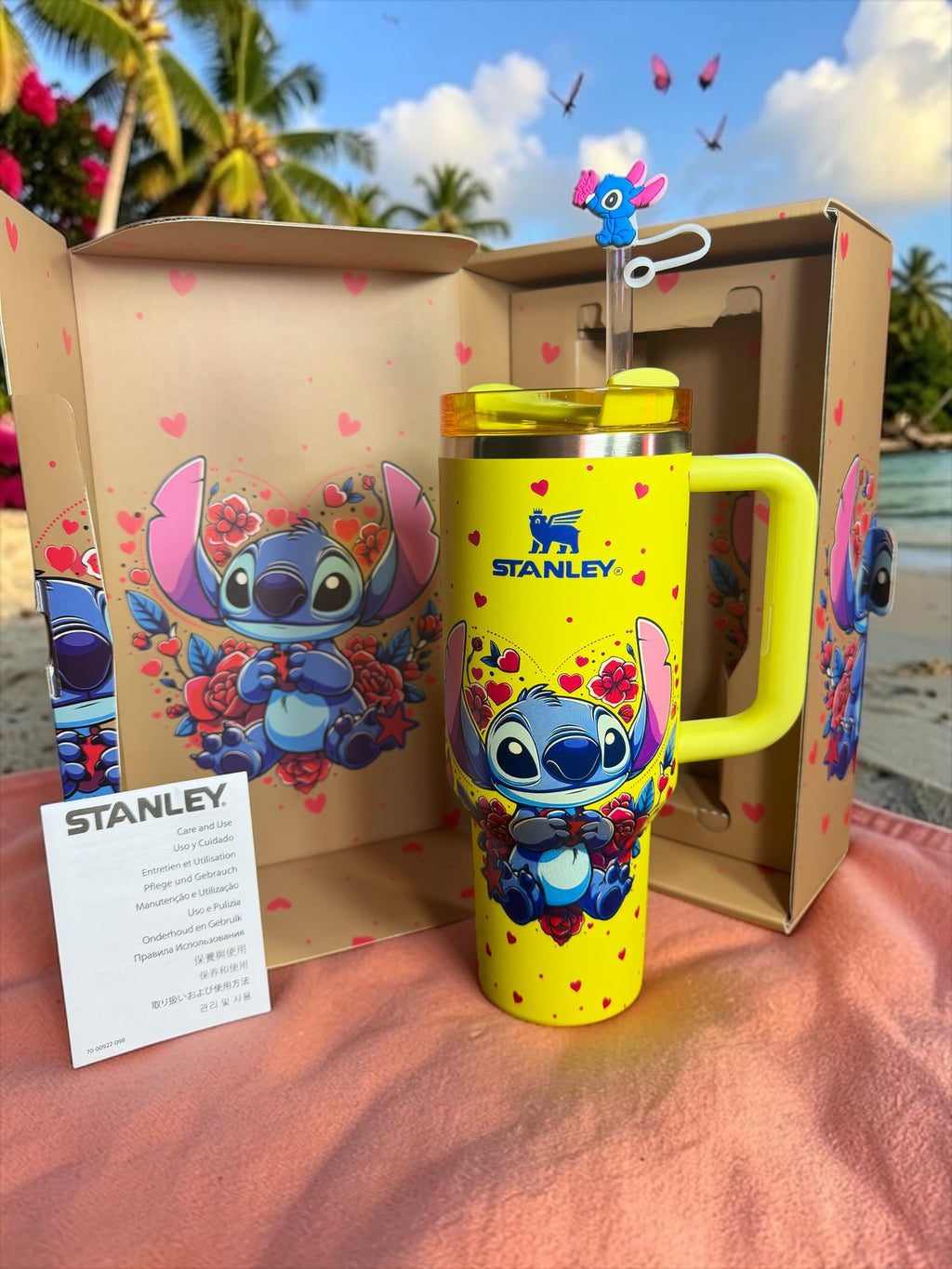 Stitch Inspired Stanley Tumbler 40oz Yellow Hearts Cartoon Cup