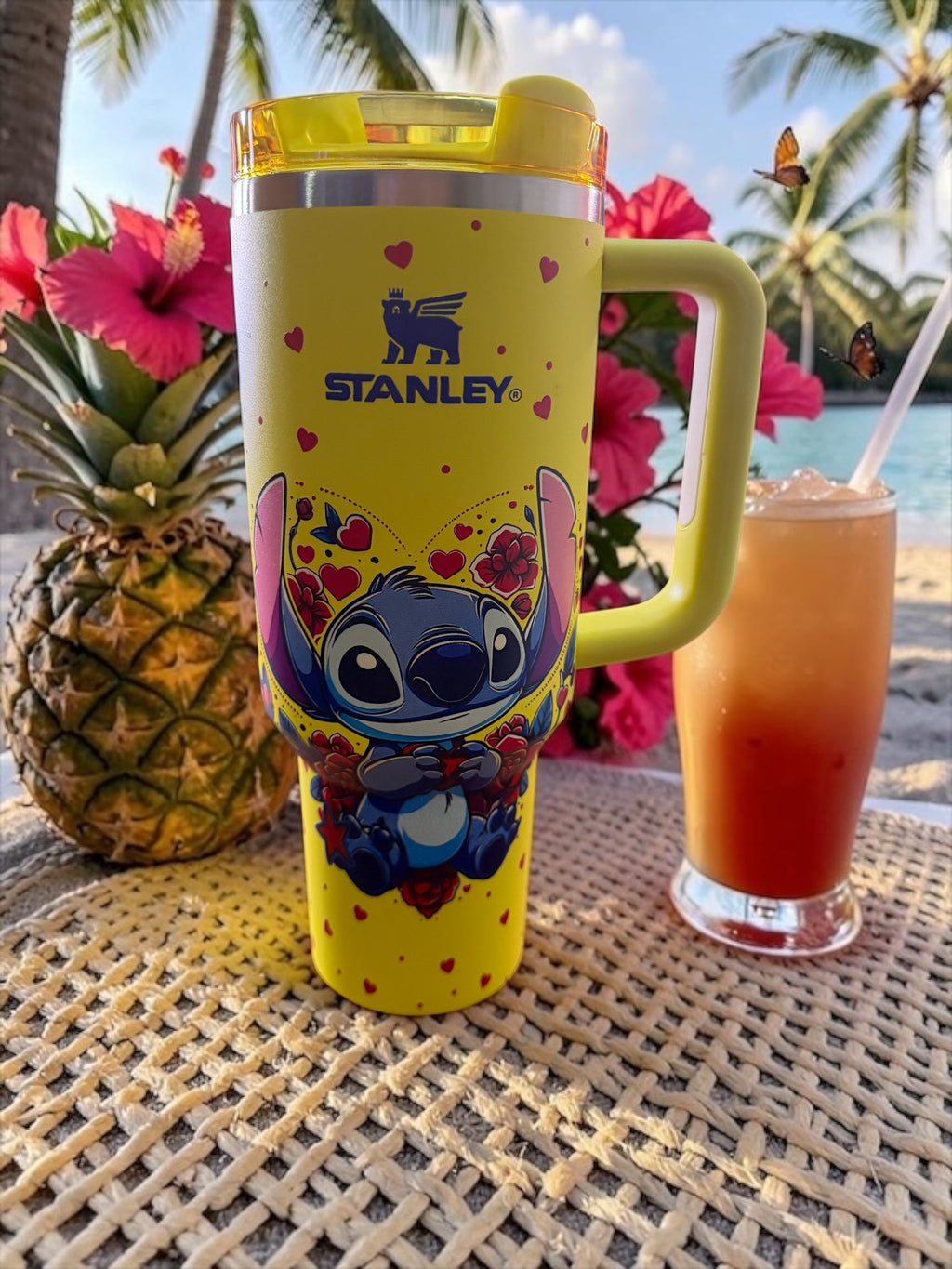 Stitch Inspired Stanley Tumbler 40oz Yellow Hearts Cartoon Cup