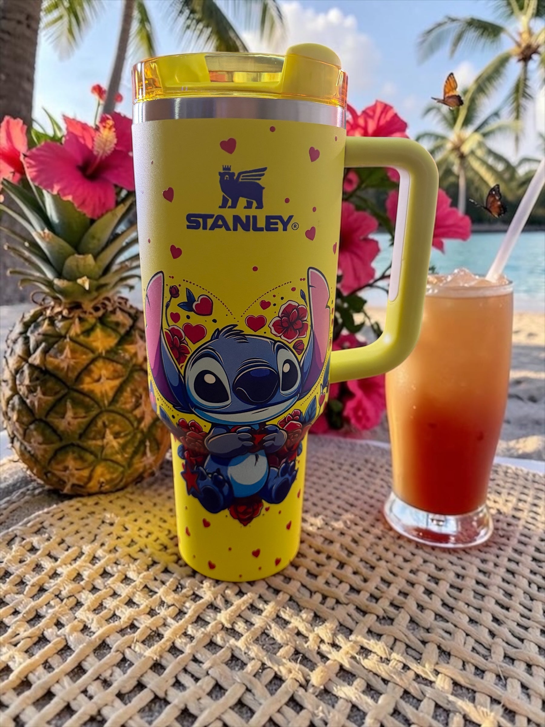Stitch Inspired Stanley Tumbler 40oz Yellow Hearts Cartoon Cup
