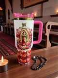 Our Lady of Guadalupe Pink Floral 40oz Tumbler with Pink Handle