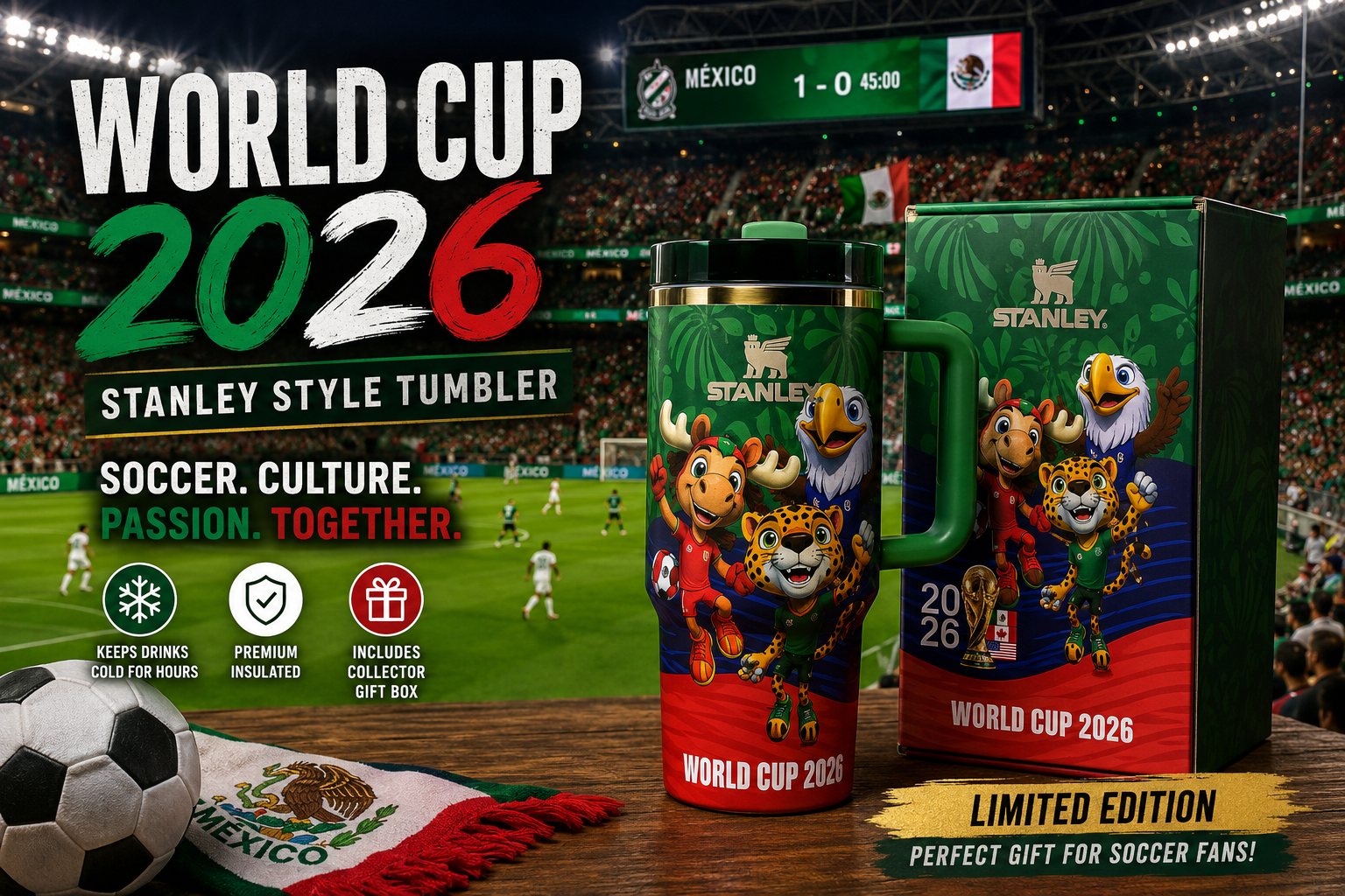 Stanley FIFA World Cup 2026 Tumbler | Mexico USA Canada Edition (Red or Green Handle)