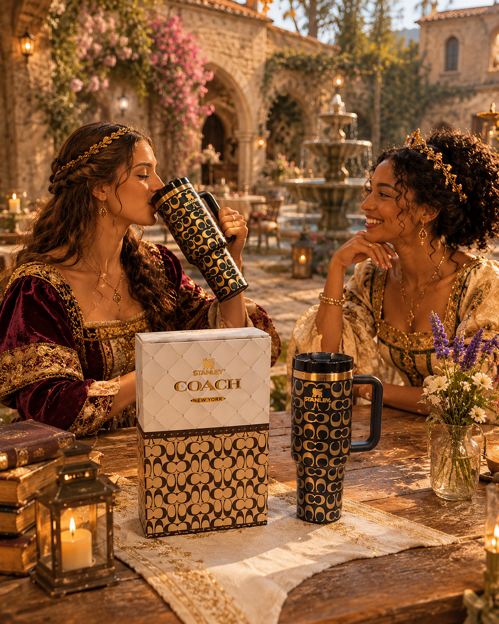 Designer Inspired Chocolate & Gold 40oz Coach Inspired Tumbler with Handle, Straw & Gift Box