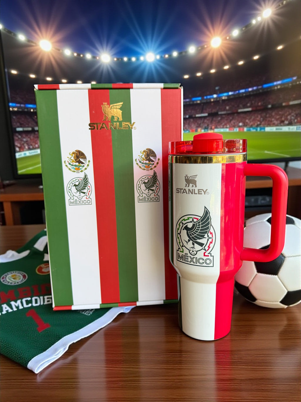 2026 New Mexico White Soccer Stanley Style Tumbler | 40oz Cup With Handle | Mexico National Team Inspired Stainless Steel Travel Mug
