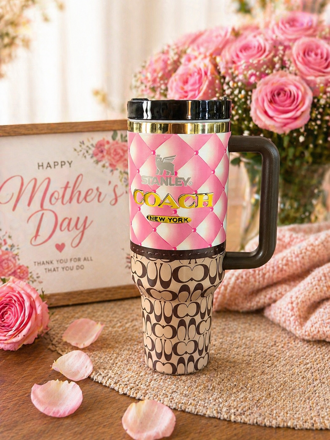 Coach Inspired Pink Stanley Style Tumbler w Gift Box 40oz