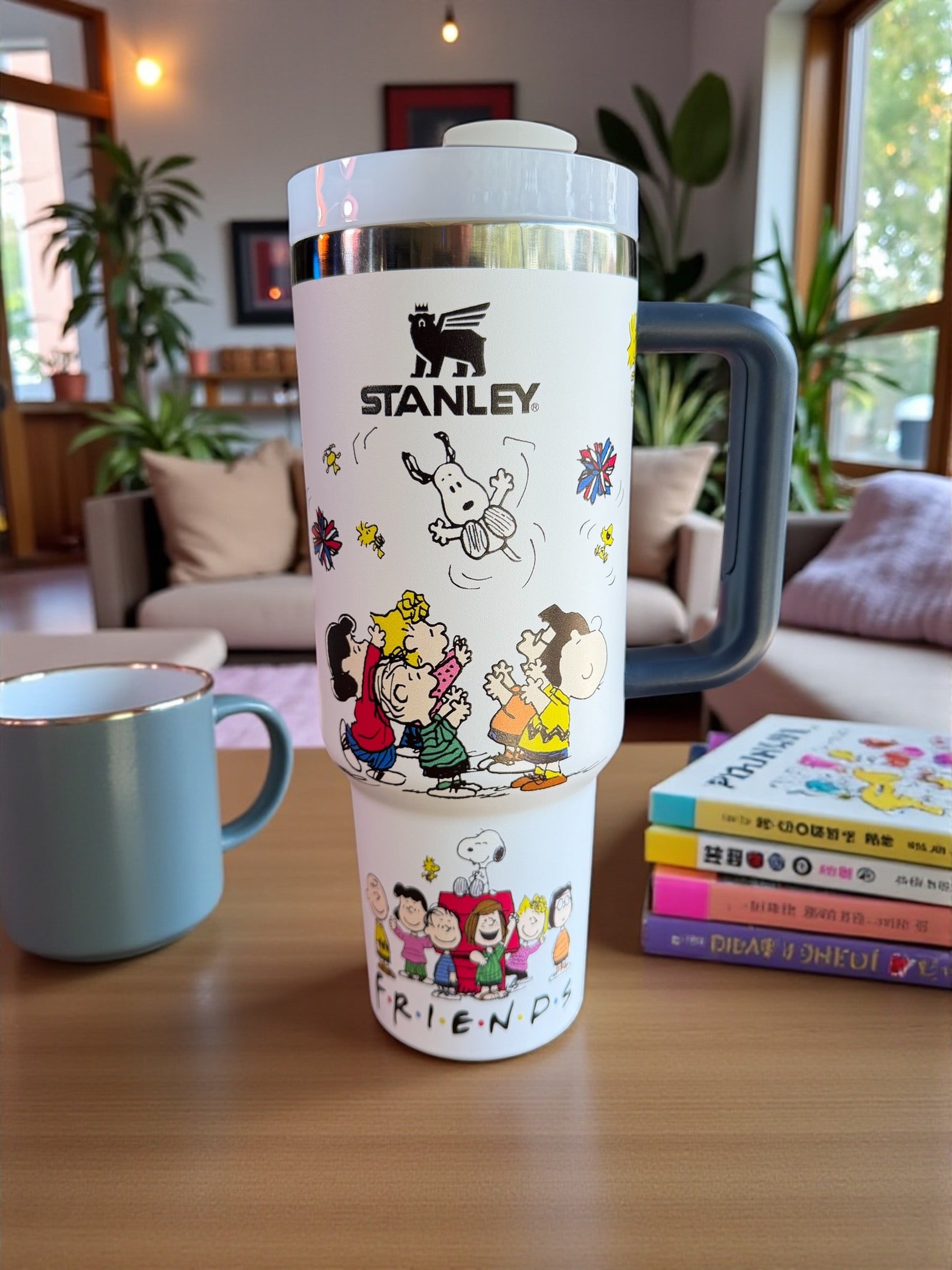 Snoopy Friends White Stanley Style Tumbler | 40oz Cup with Yellow Handle | Dog House